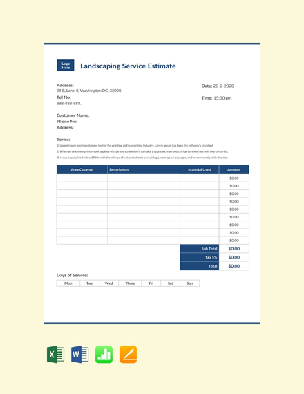 Landscaping Business Estimate Sheet Template