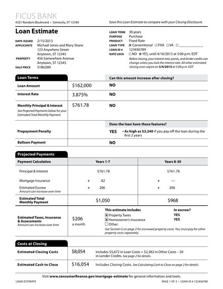loan estimate sheet example