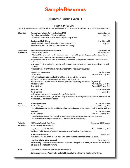 minimalist freshman resume sample1