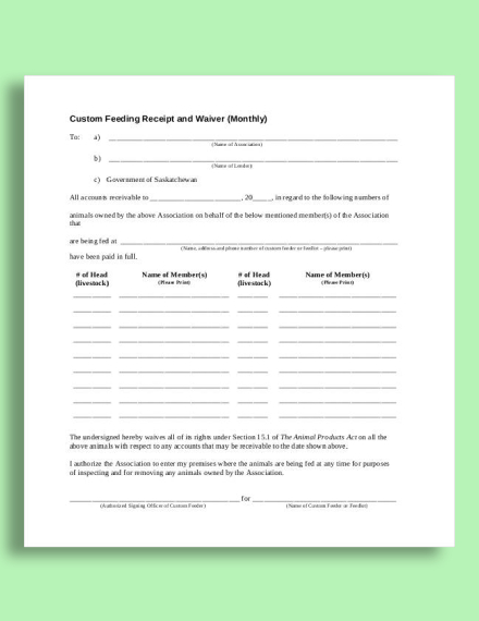 monthly custom feeding receipt and waiver