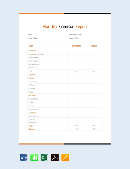 monthly financial report template