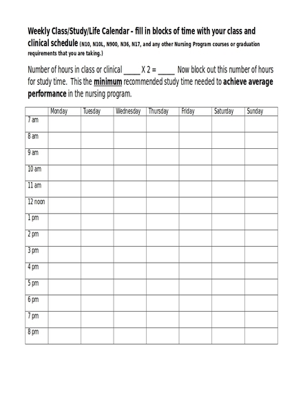 Nursing Program 7 Day Hourly Schedule