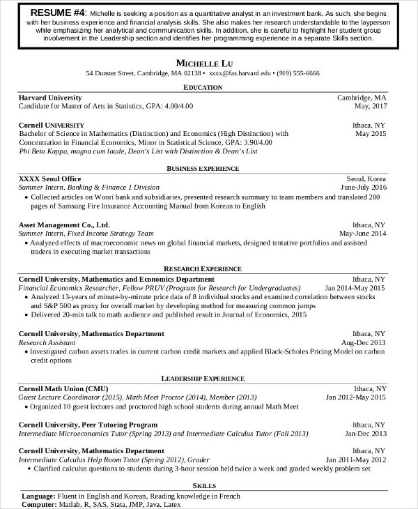quantitative analyst one page resume