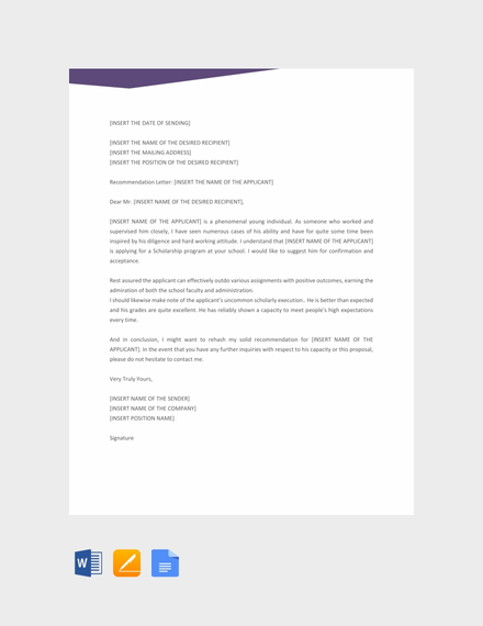 recommendation letter template for scholarship