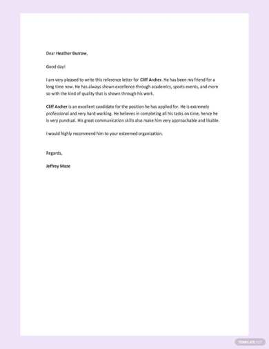 Reference Letter for Friend Template