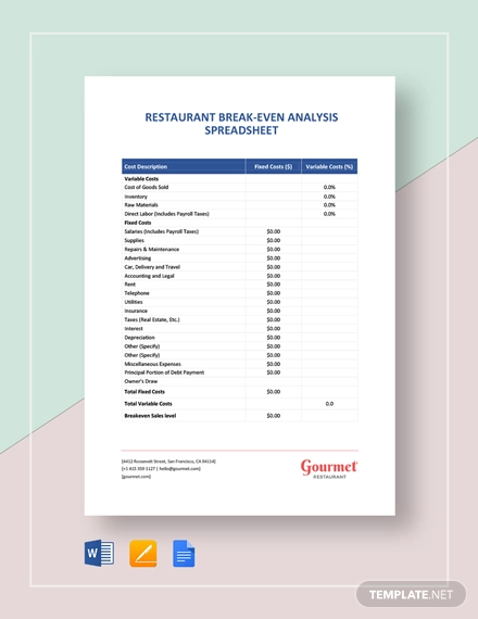 restaurant break even analysis spreadsheet template