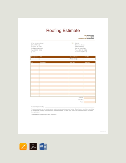 Roofing Estimate Sheet Template