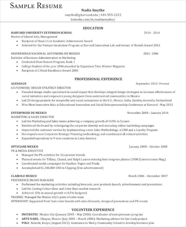 sample harvard one page resume