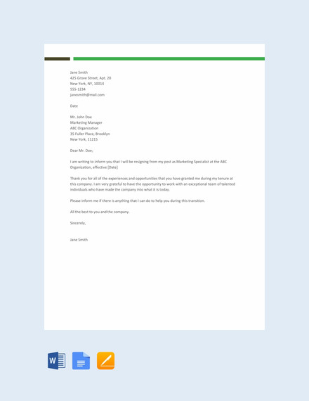 Sample Resignation Letter Template