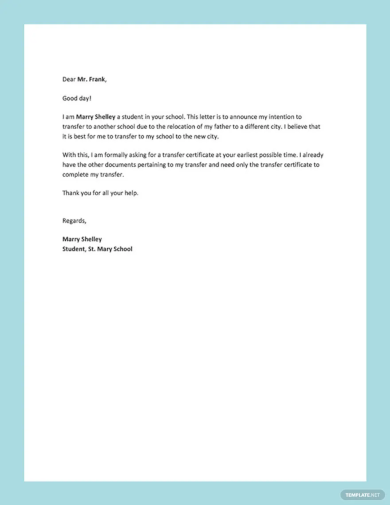 school transfer request letter template