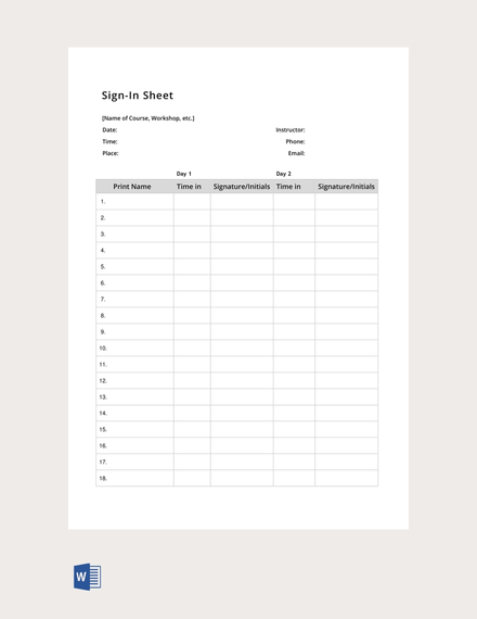 Sign In Sheet Template
