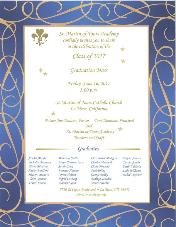 St. Martin of Tours Academy Graduation Mass Invitation