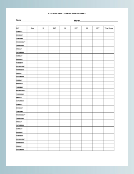 student employment daily sign in sheet