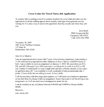 travel nurse job application letter