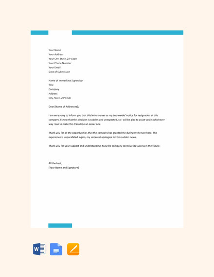 2 Weeks Notice Letter Template