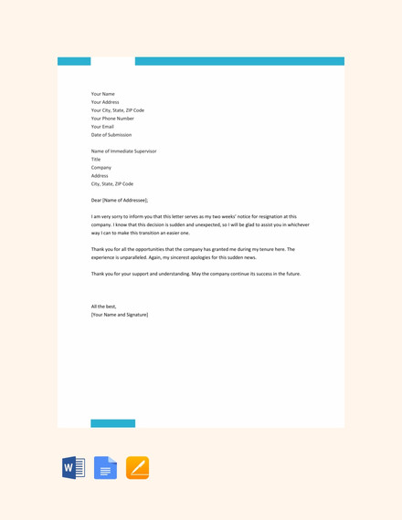 resignation letter sample 2 weeks notice