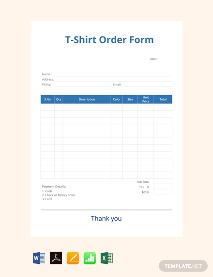 blank t shirt order form