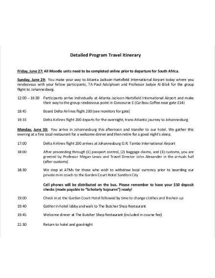 detailed program travel itinerary