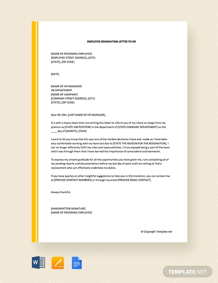 Free Employee Resignation Letter To HR
