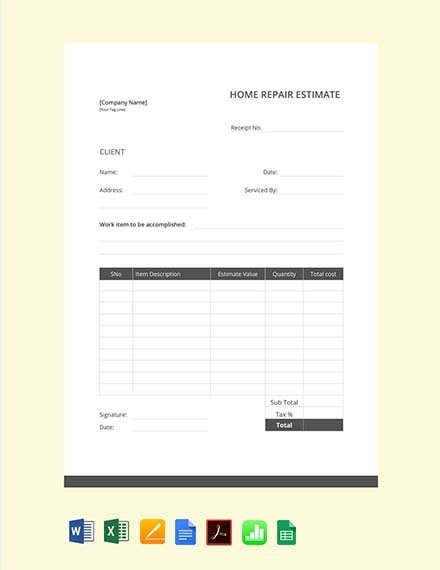 Free Home Repair Sheet Estimate Design
