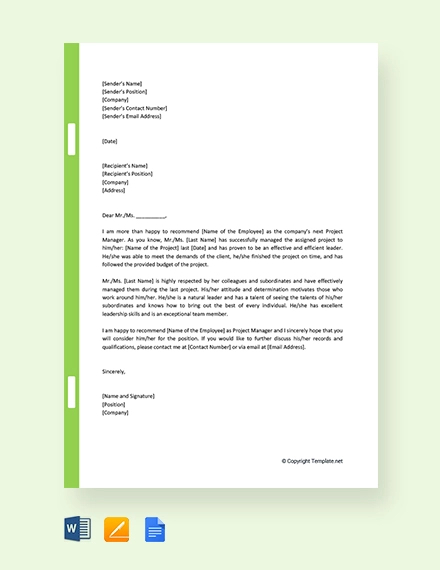 free promotion recommendation letter for project manager