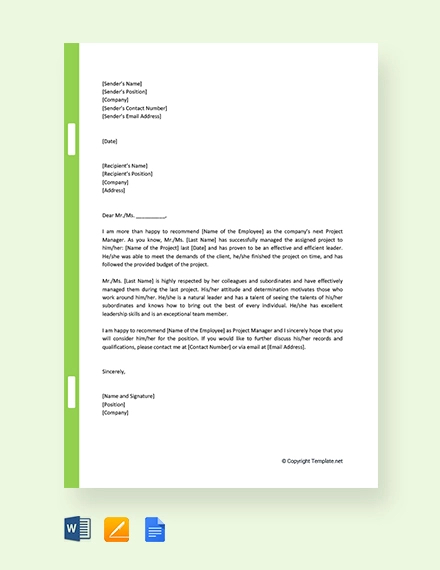 Free Promotion Recommendation Letter For Project Manager