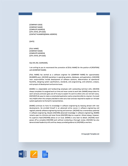 free promotion recommendation letter for software engineer