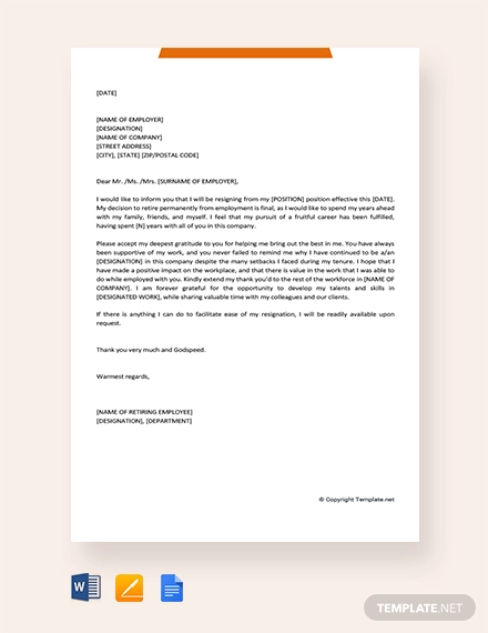 Free Retirement Resignation Letter to Employer