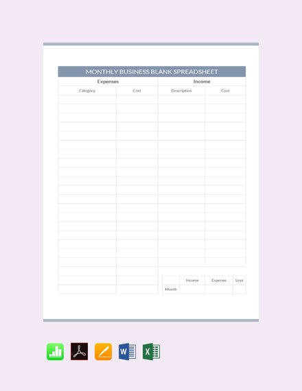 Monthly Business Blank Spreadsheet Design