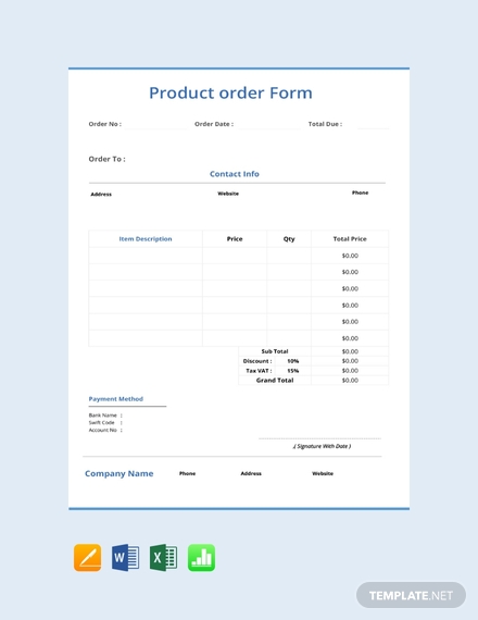 sample product order form template