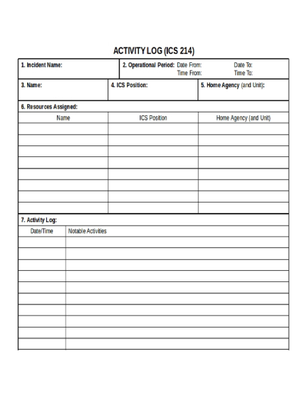 Printable Activity Log Sheets