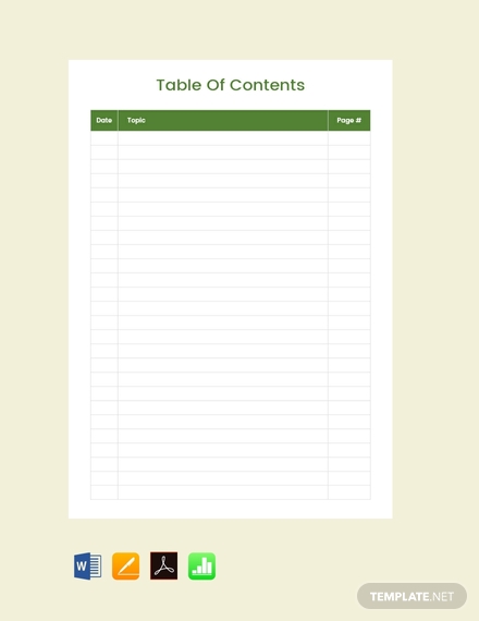 blank table of contents note