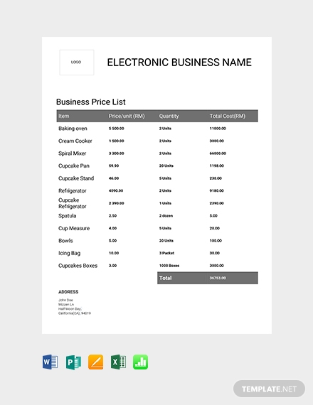 business price list