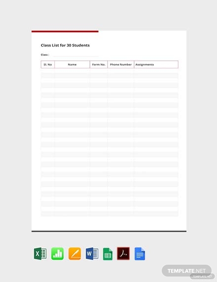 class list template for 30 students