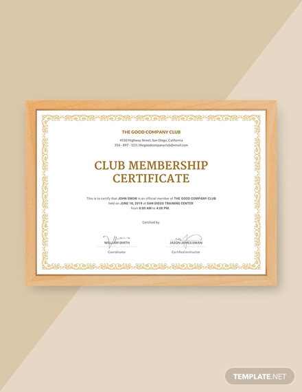 club membership certificate template