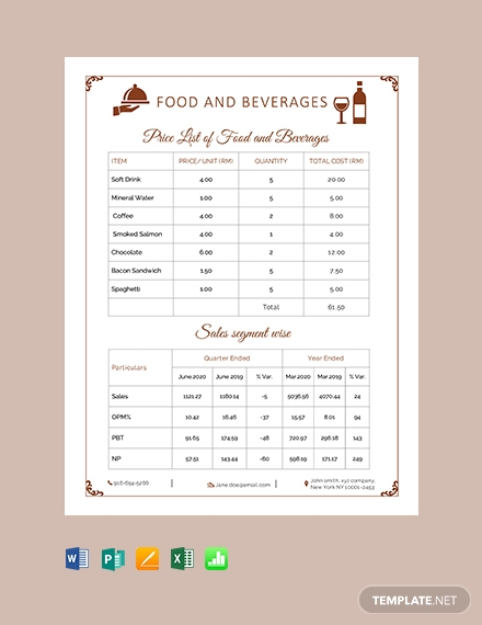 food and beverage price list