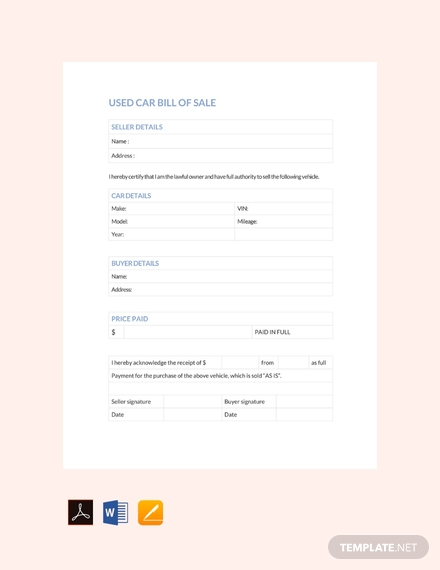 free used car bill of sale template