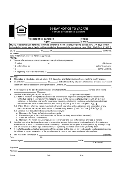 30 day notice to vacate by landlord form