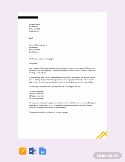 agent appointment letter for marketing