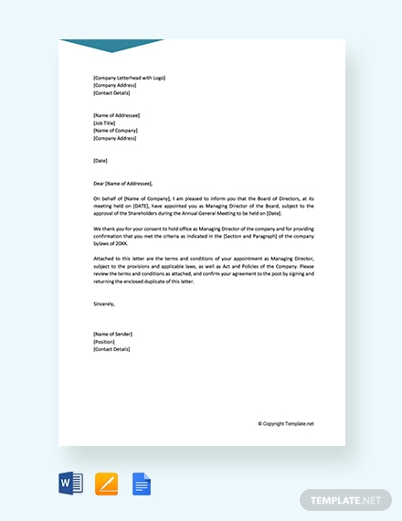 appointment letter for managing director