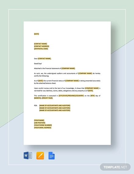 Certification Enclosing Financial Statements Template