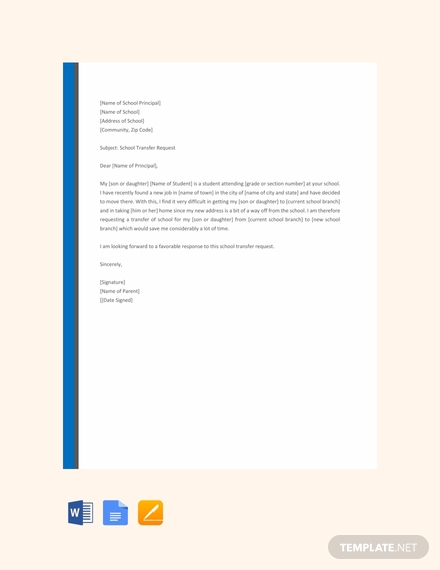 elementary school transfer request letter