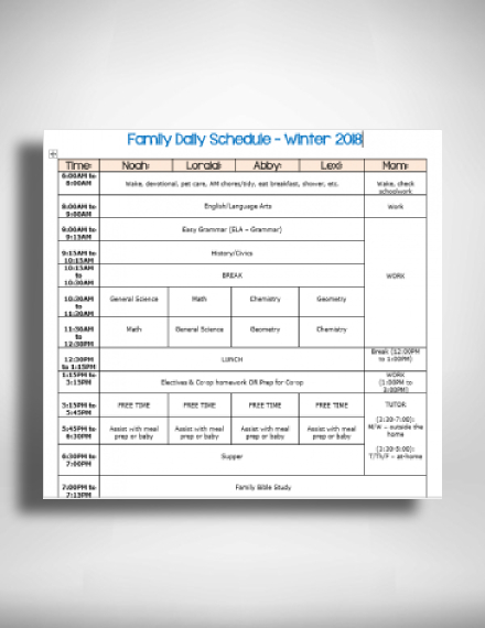 Family Daily Winter Schedule