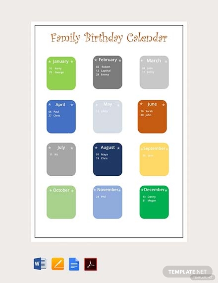 free family birthday calendar template