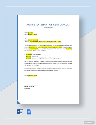 notice to tenant of rent default template