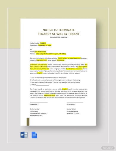 notice to terminate tenancy at will by tenant template