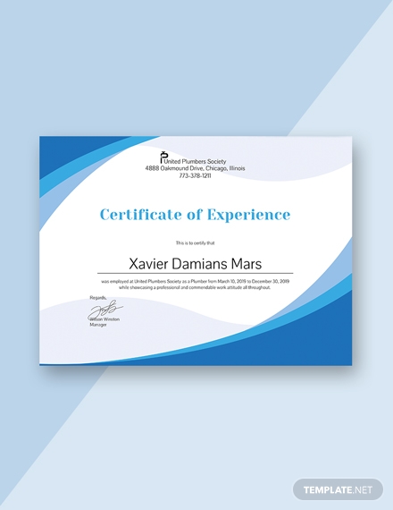 plumbing experience certificate