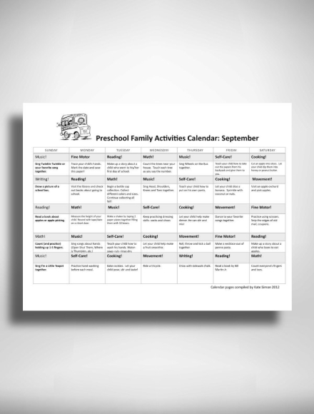 preschool family activities calendar