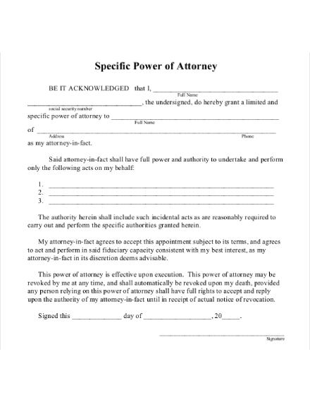 specific power of attorney letter