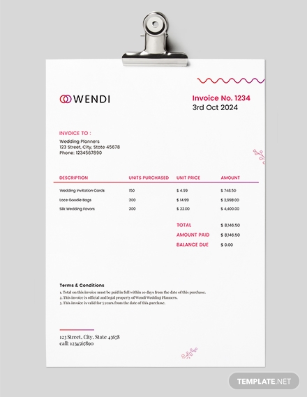 wedding planners invoice template